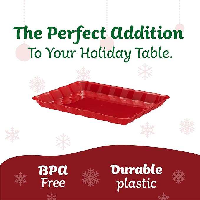 Plasticpro Plastic Serving Trays - Serving Platters Rectangle 9X13 Disposable Party Dish Includes 8 Red Christmas Trays