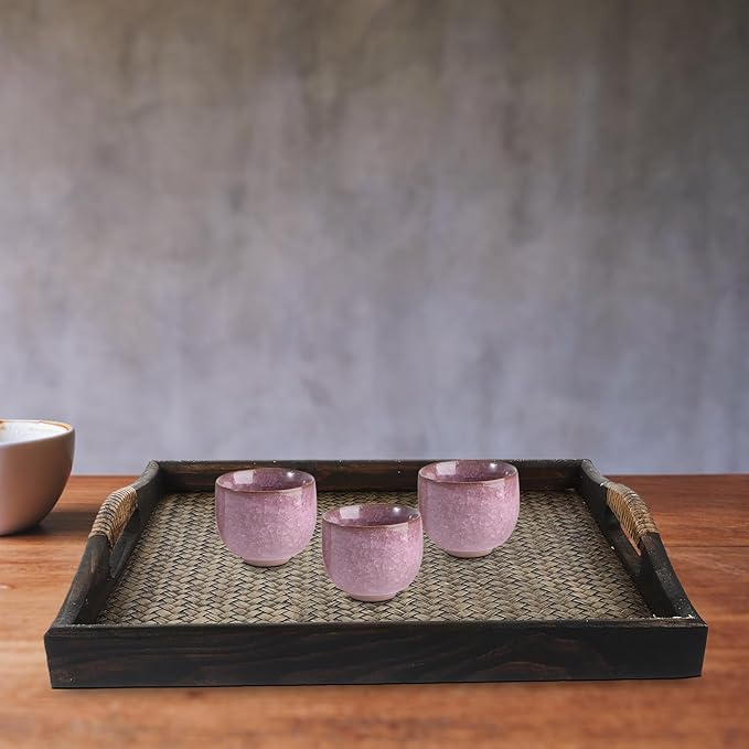 Wood Rectangular Serving Tray with Raised Handles Large Southeast Asian Style Woven Tea Cup Holder Decorative Wooden Drink Tray for Home, Office, and Hotel Use