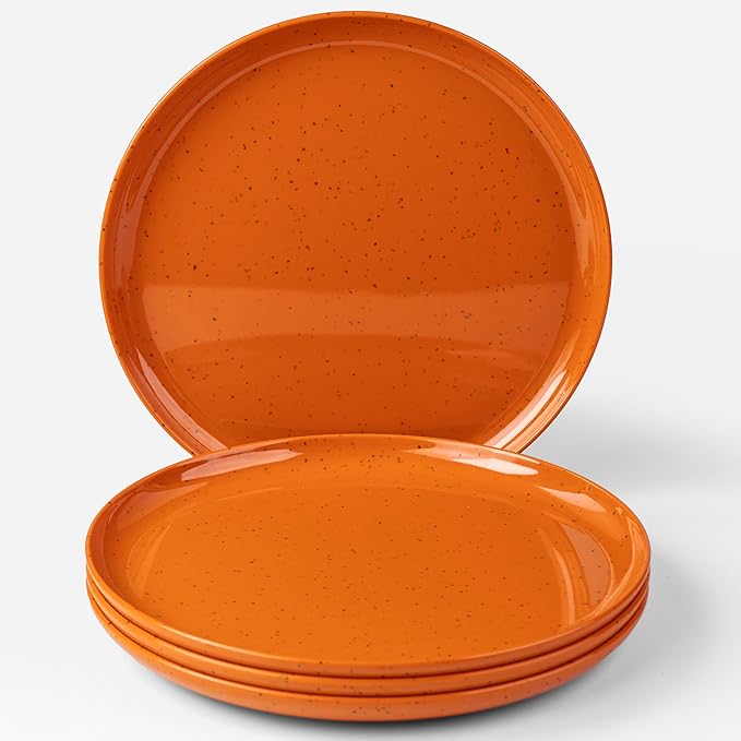 ONEderful 11 Inch Melamine Dinner Plates Set of 4 - Orange Modern Flat Plates, Durable & Lightweight Catering Dishes for Halloween, Christmas, Parties, Picnics, Holidays, Dishwasher Safe (Orange)