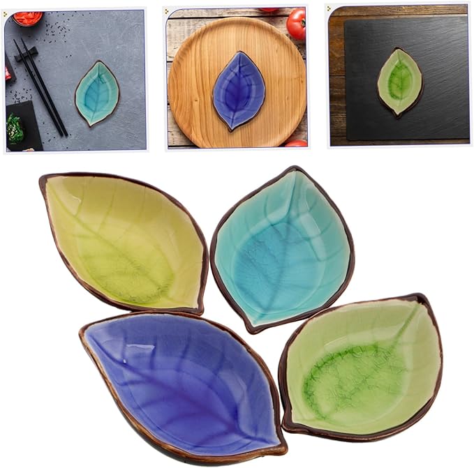 4pcs Ceramic Plate Leaf Shape Appetizer Plates Snack Condiment Bowl Seasoning Bowl Saucer