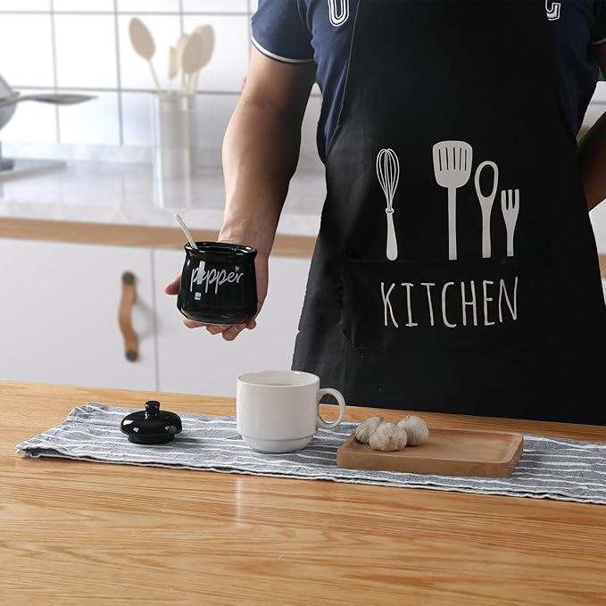 ONTUBE Ceramic Salt and Pepper Bowls with Lid and Spoon 12oz (Black)