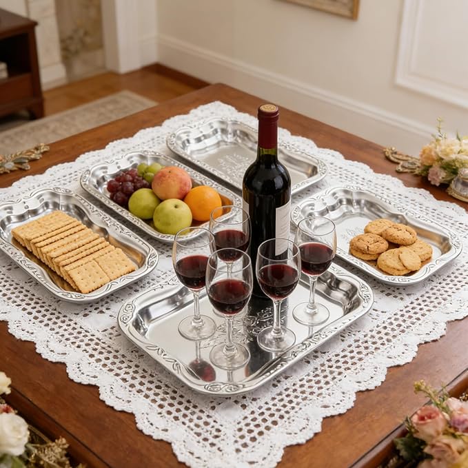 6 Pack Silver Serving Trays Set, Floral Engraved Mirror Decorative Tray Party Platters for Whiskey Cookies Food Dessert Fruit Cupcake Weddings Table Parties Display