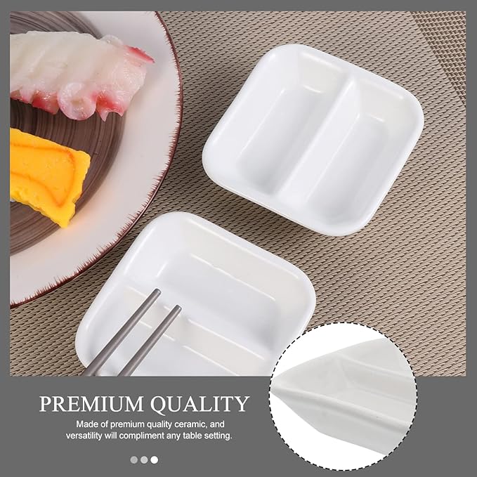 Cabilock 2Pcs 3inch White Ceramic Appetizer Plates, 2-Compartment Serving Platter Tray, Soy Dipping Sauce Dishes, Rectangular Divided Dish for Home Hotel Restaurant Kitchen