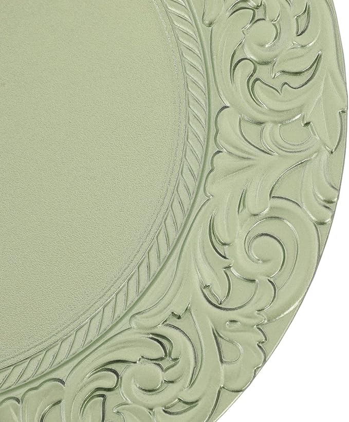50 Pcs Antique Charger Plates Bulk Round Plastic Dinner Plate Embossed Rim Server Plate Decorative Chargers Floral Plates for Dinner Parties Wedding,13 Inch (green-50pcs)