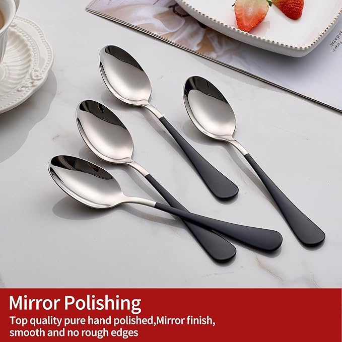 Red and Black Dinne spoons Set 24 Piece,Red and Black Handle Silverware 18/0 Stainless Steel Flatware Bulk 7.3-inch Dessert Spoons Sets Table of 24, Dishwasher Safe