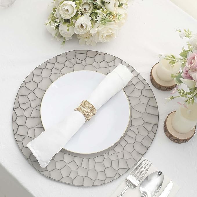Efavormart 6 Pack | 13" Matte Gray Plastic Hammered Rim Dinner Charger Plates, Decorative Disposable Irregular Round Serving Plates