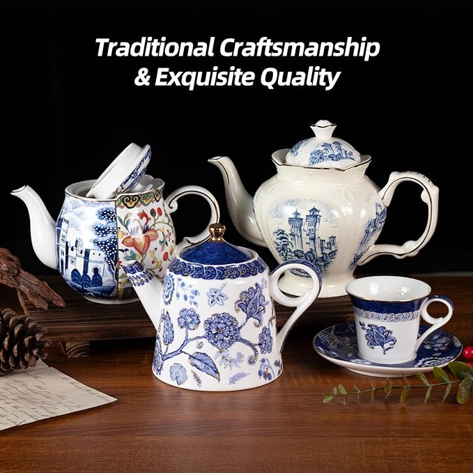 KAMMAK Teapot with Handle, Vintage Porcelain Tea Pot with Gold Trim, Blooming & Loose Leaf Teapot, Festive Holiday Serveware, Gifts for Women, Vintage Blue - 33 oz
