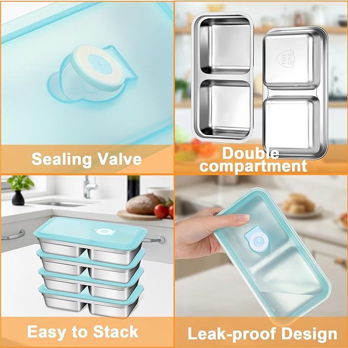 Stainless Steel Snack Containers with Lids, Reusable Bento Lunch Container Box, Food Storage, Leak Proof, Dishwasher-Safe, Grab and Go for Work, 6 Pack (Double Compartment) -With 6 Forks