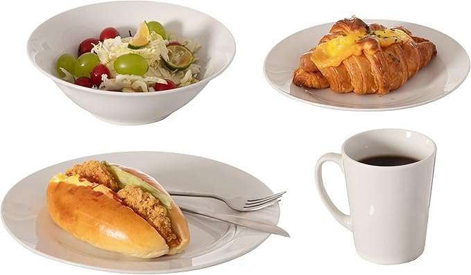 16 PC Rimmed Dinnerware Set for 4 Person | Mugs, Salad and Dinner Plates and Bowls Sets, Dishes with Highly Chip and Crack Resistant, Dishwasher and Microwave Safe, White. QI004500