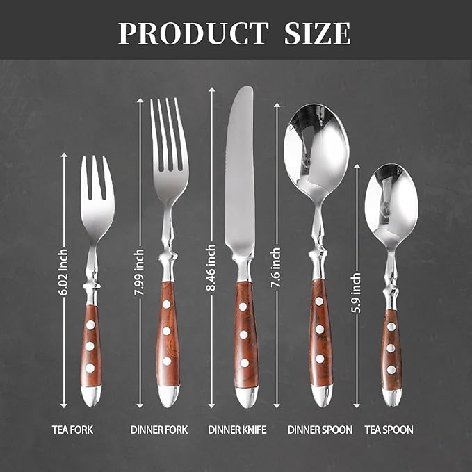 30-piece wooden handle silverware set for 6, premium stainless steel flatware set, retro brown utensils cutlery set, mirror finished forks spoons and knives set, dishwasher Safe