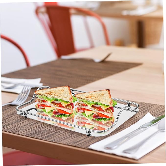 PRETYZOOM Silver Serving Tray for Coffee Bar Wedding Stainless Steel Rectangular Tray Handles