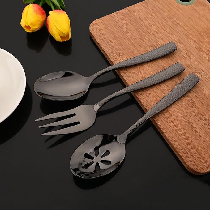 JASHII 5-Piece Black Hammered Flatware Hostess Set Stainless Steel Serving Fork Slotted Serving Spoon Butter Knife Teaspoon Set for Buffet Party Mirror Polished Dishwasher Safe