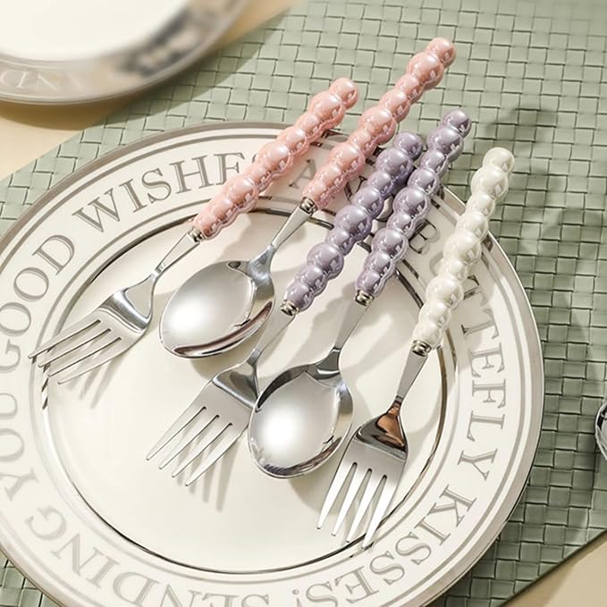 2Pcs Pearl Flatware Set, Creative Stainless Steel Flatware Pearl Ceramic Handle Silverware Tableware for Kitchen Hotel Home Steak Knife Dessert Spoon Dishwasher