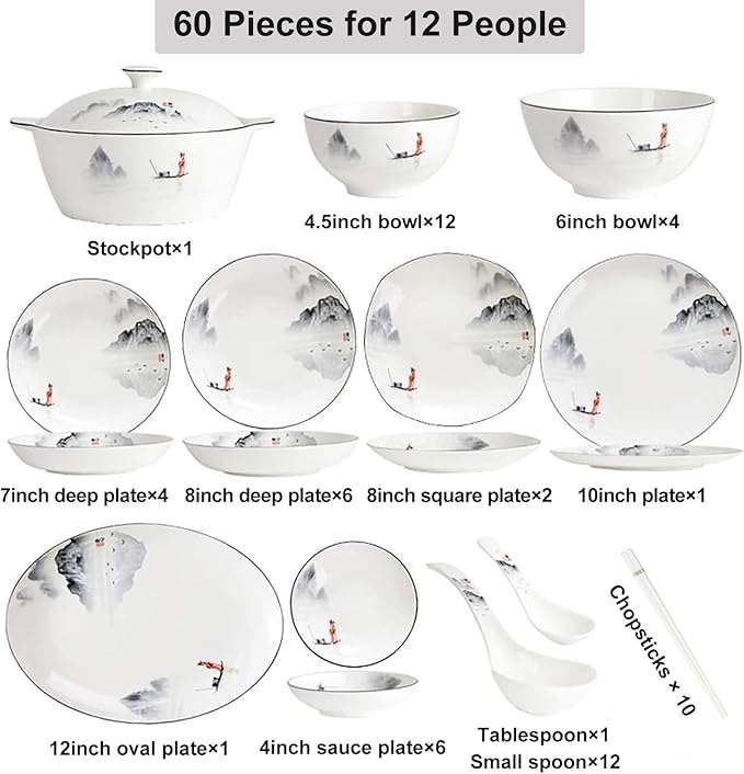 Ceramic Dinnerware Sets for 12 Reusable Tableware Set Chinese Style Dishes Set Ink Painting Serving Plates and Bowls Sets Safe and Healthy Dining Ware Set Plates/Bowls/Spoons and Soup Pot - 60 Piece
