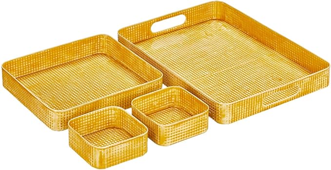 mDesign Nesting Hammered Stainless Steel Tray Set with Handles - Decorative Serving Trays for Entertaining - Holds Food, Tea, or Coffee - Metal Serving Platter for Breakfast Table - Set of 4 - Yellow