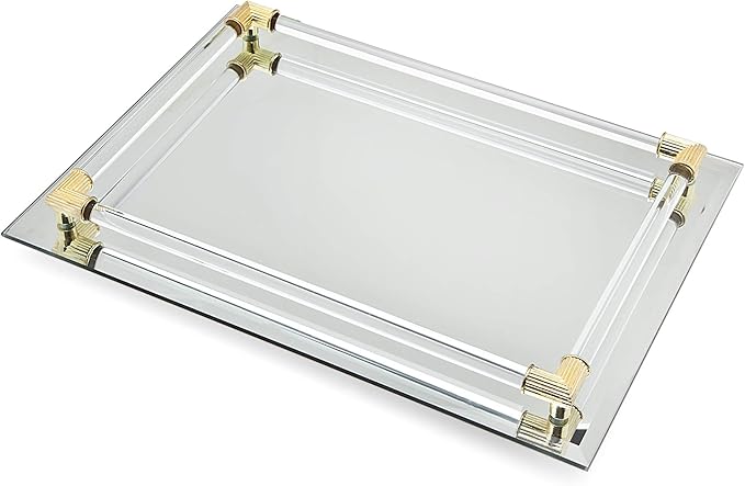 STUDIO SILVERSMITHS Mirror Tray Vanity Tray Serving Tray with Crystal Border - 9" x 14"