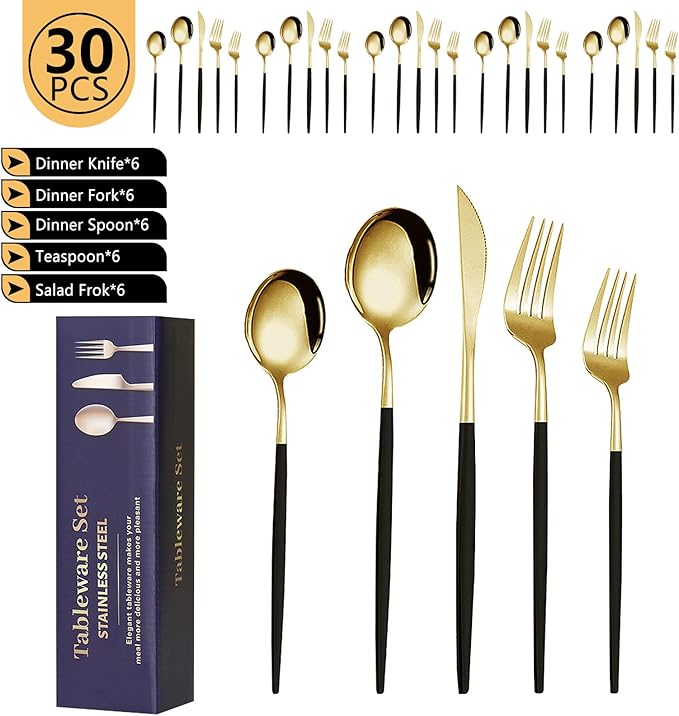 Kawlity Stainless Steel Serving Flatware Durable Black & Gold Polished Knives Spoon Forks 30 Pcs Utensil Dinner Tableware, for Kitchen Dishwasher Adults and Children Ideal Gift