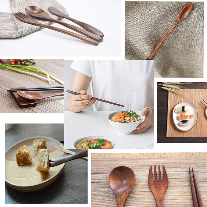 bamboo Utensils for Eating Reusable wooden travel flatware set with Case 9 Pcs durable wooden cutlery wooden spoons forks and chopsticks Wood Flatware Set with Knife Fork Spoon Chopsticks Straw