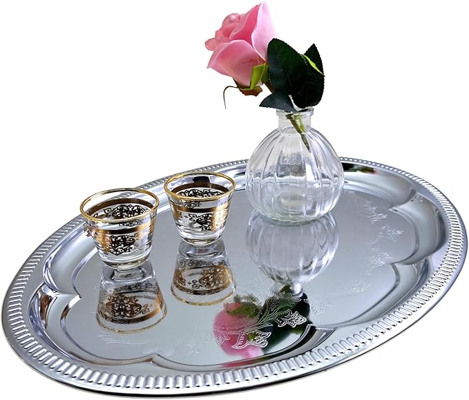 (Pack of 4) 18.1 inch x 13.3 inch Traditional Oval Floral Pattern Engraved Catering Chrome Plated Serving Plate Mirror Tray Platter Metal Tableware Holiday Party Large T225-4PK