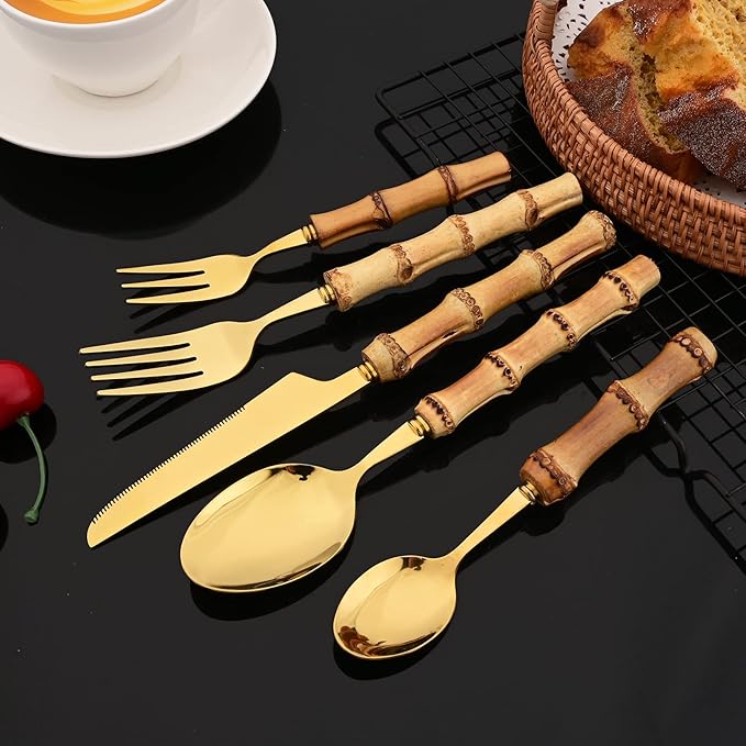 JASHII 304 Stainless Steel Gold Flatware Set, 16pcs Bamboo Handle Silverware Set, Service for 2, with 1 Serving Spoons and 1 Serving Forks. Mirror Polished, Dishwasher Safe