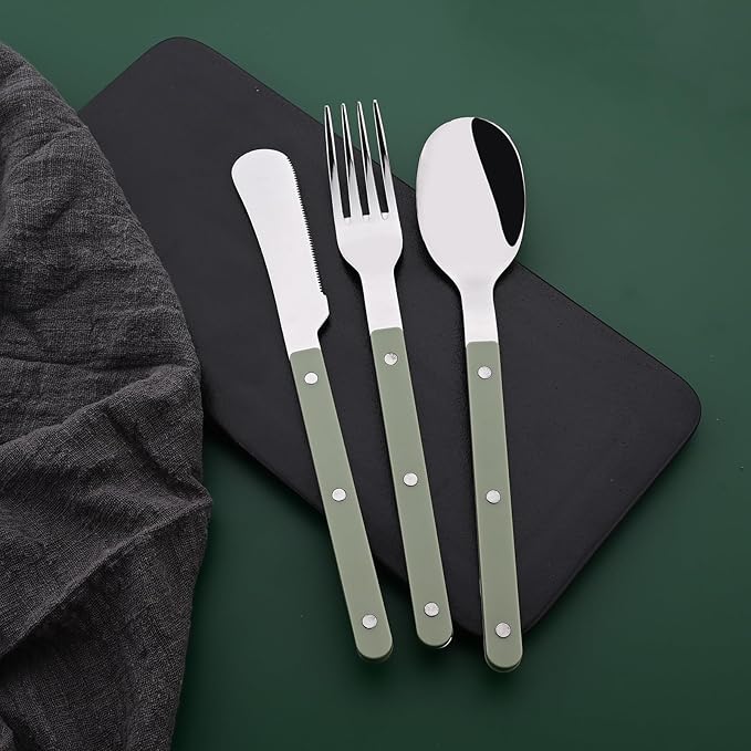 Green Handle Silverware Set, Uniturcky 24-Piece Stainless Steel Flatware Set for 6, Tableware Eating Utensils for Daily Use and Party, Camping Cutlery Set with Color Handle