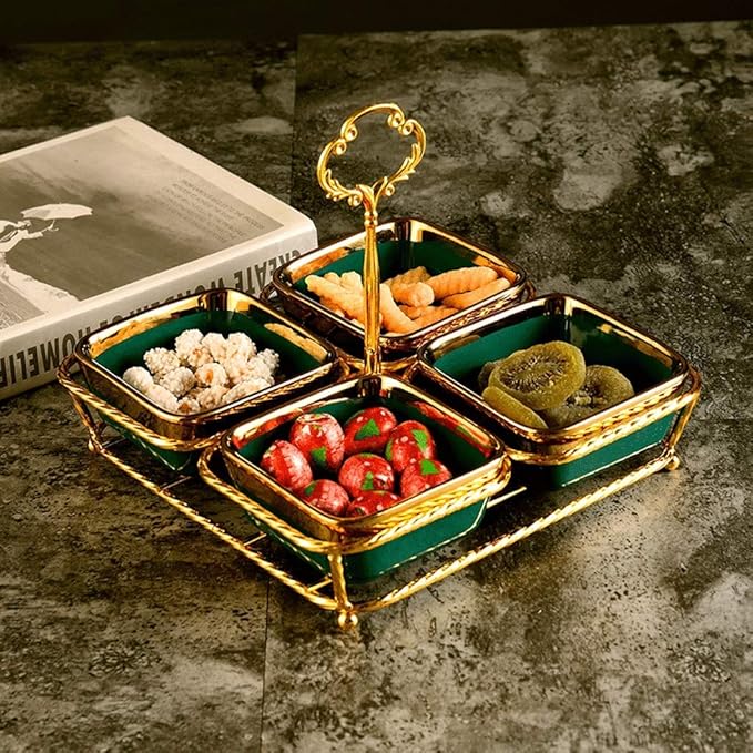 Appetizer Plates Ceramic Green Platter, 4-Grid Plate Nut Snack Plate Dried Fruit Plate, Refreshment Plate, Fruit Snack Plate with Shelf Seasoning Dish-White
