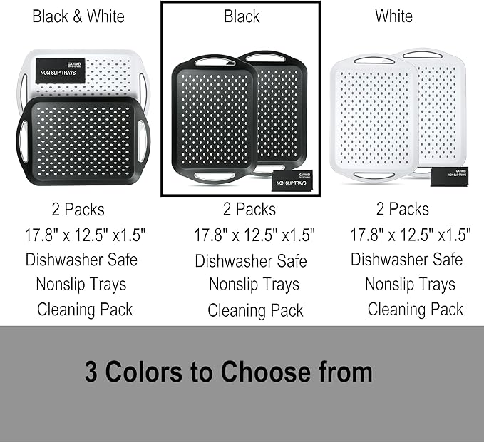 Large Anti-Slip Serving Tray with Handles, Dual Rubber Grippy Lap Food Trays for Eating, Dinning, Breakfast, on Couch/TV, Black - Set of 2