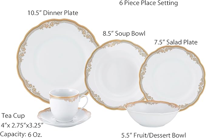 Lorren Home Trends Catherine 24 Piece Porcelain Dinnerware Set, Gold
