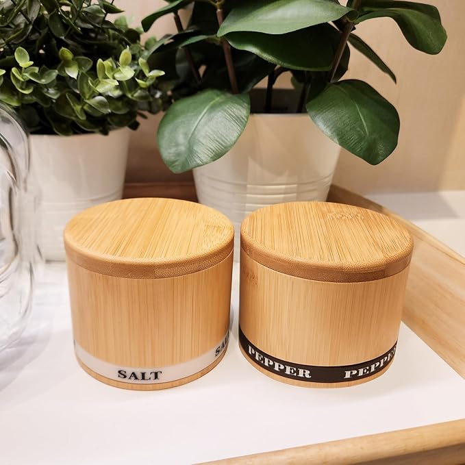 Salt Box 2Pcs Spice Cellar with Swivel Lid and Spoons Small Bamboo Pepper and Salt Containers with Salt Pepper Labels,Dual 8 oz Capacity Holder for Seasoning and Small Items
