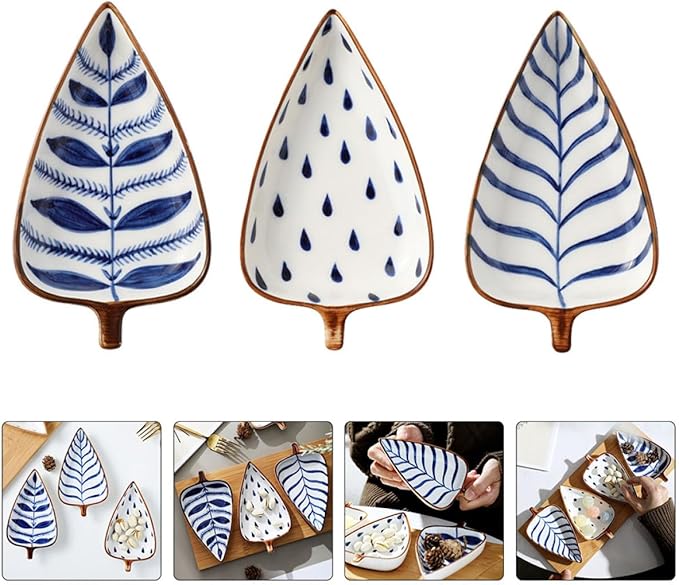 Creative Japanese Style Hand-painted Ceramic Appetizer Plates Set of 3 with Leaf, Water Grass, and Raindrop Designs – Small Serving Dishes for Sauces, Nuts, and Fruit Random Color