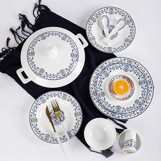 Ceramics Dinner Sets, 58 Pieces Dinnerware Set Blue and White Porcelain Style Bowl/Spoon/Plate - Family Party and Kitchen Restaurant