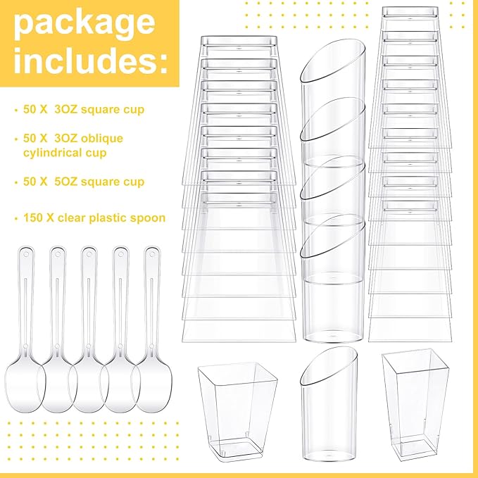 Funtery 300 Pack Mini Dessert Cups with Spoons Bulk Clear Plastic Slanted Round Parfait Appetizer Cup for Desserts Shooters(3oz, 5oz,Round, Square, Square)