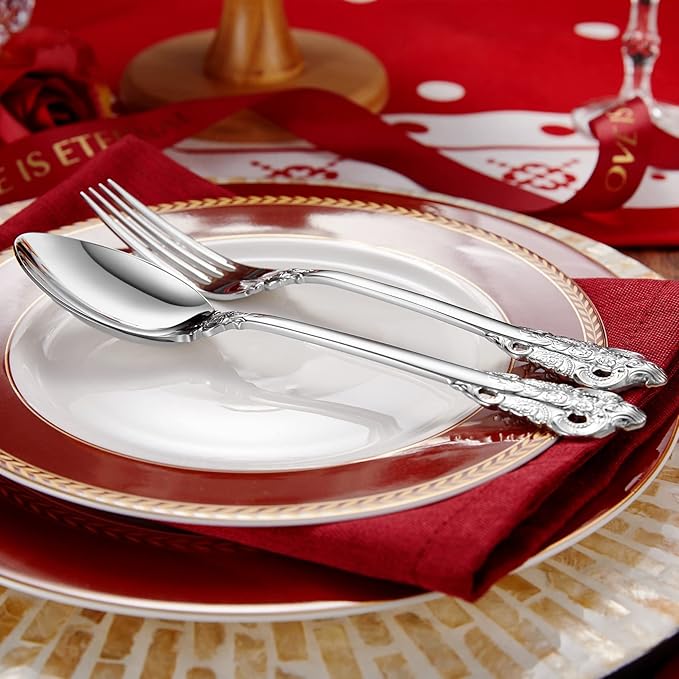 KEAWELL Luxury 65-Piece Silverware Set, 18/10 Stainless Steel, Service for 12, Mirror Finish, Antique Baroque Design, Dishwasher Safe (Silver)