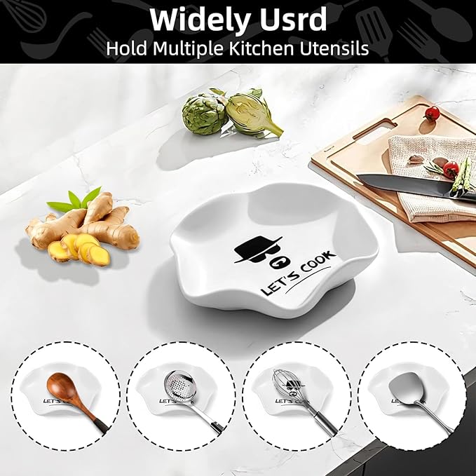 Funny Let's Cook Ceramic Spoon Rest for Kitchen Counter Stove Top, 5.8 Inch Heat-Resistant Utensil Holder for Cooking, Spoons, Ladles, Tongs, Cute Kitchen Decor, Housewarming Gift for Women Men