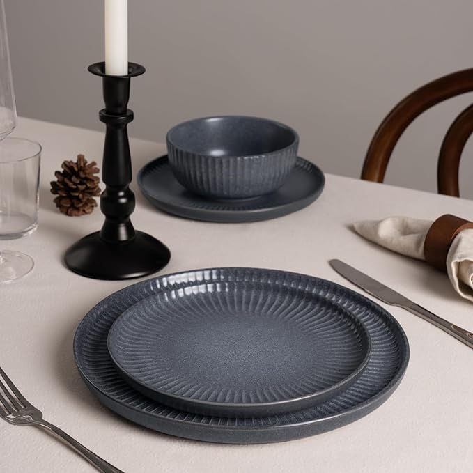 Famiware Starlight Plates and Bowls Dishes Set of 8 (24 Pieces), Ribbed Textured Stoneware Dinnerware Sets- Dishwasher & Microwave Safe, Chip Resistant, Matte Midnight Grey