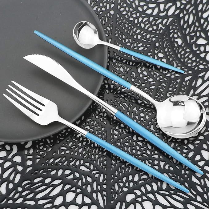 Mirror Silverware Set,24-Piece 304 Stainless Steel Shiny Flatware Set,Kitchen Utensil Set,Tableware Cutlery Set for Home and Restaurant, Dishwasher Safe Service For 6 (Blue/silver)