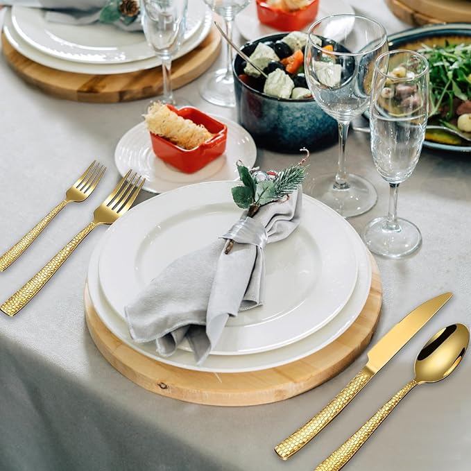 Gold Hammered Silverware Set for 2, MIKIWAY 10 Pieces Stainless Steel Luxury Flatware Set, Cutlery Tableware Set, Kitchen Utensils Set Include Spoons And Forks Set, Mirror Polished, Dishwasher Safe