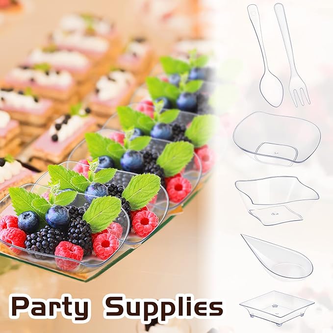Tessco 400 Pcs Mini Dessert Plates Set, Including 200 Disposable Appetizer Plates Assorted Shape 100 Mini Plastic Forks 100 Plastic Spoons for Party Birthday(Clear)