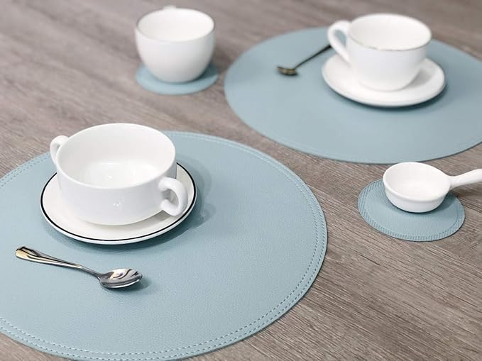 Faux Leather Round Placemats and Coasters, Coffee Mats Kitchen Table Mats, Waterproof, Easy to Clean for Kitchen Dining Round Table, Set of 4