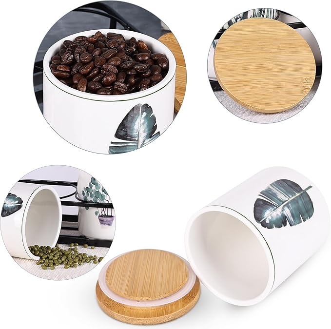 Ceramic Canister Set for Kitchen Countertop - A Set of 3 Kitchen Canisters with Tiered Shelf, Airtight Countertop Flour and Sugar Containers, Coffee and Tea Storage (Green plants A)