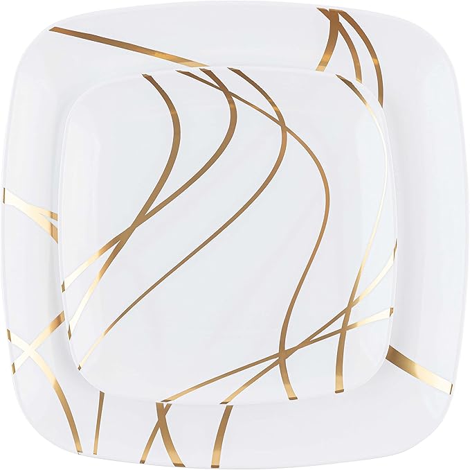 PLASTICPRO Square 64 Piece Combo Plates Set includes 32 x 7'' inch Salad Plates & 32 x 10'' inch Dinner Plates White Plastic with Gold Impulse Design Party Plates, Elegant, Tableware,