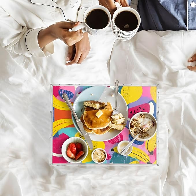 Serving Tray with Handles Clear Acrylic Tray 12x16 Inch Decorative Rectangular Tray Organizer for Ottoman Coffee Table Bathroom Colorful Watermelon Banana Strawberry Mango