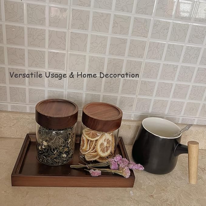 Clear Glass Storage Canister with Airtight Wooden Screw Lid 11oz/350g 2 PACK with Tray,Decorative Container Jar for Coffee,Spice,Candy,Salt,Cookie,Condiment,Pepper,Sugar,Overnight Oatmeal