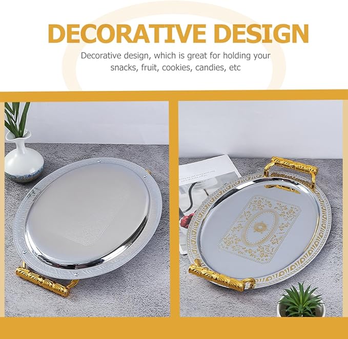 European Style Stainless Steel Serving Tray Vintage Oval Food Storage Tray for Snacks Fruits Desserts Reusable Easy to Clean for Home Restaurant Use Silver Gold Edge