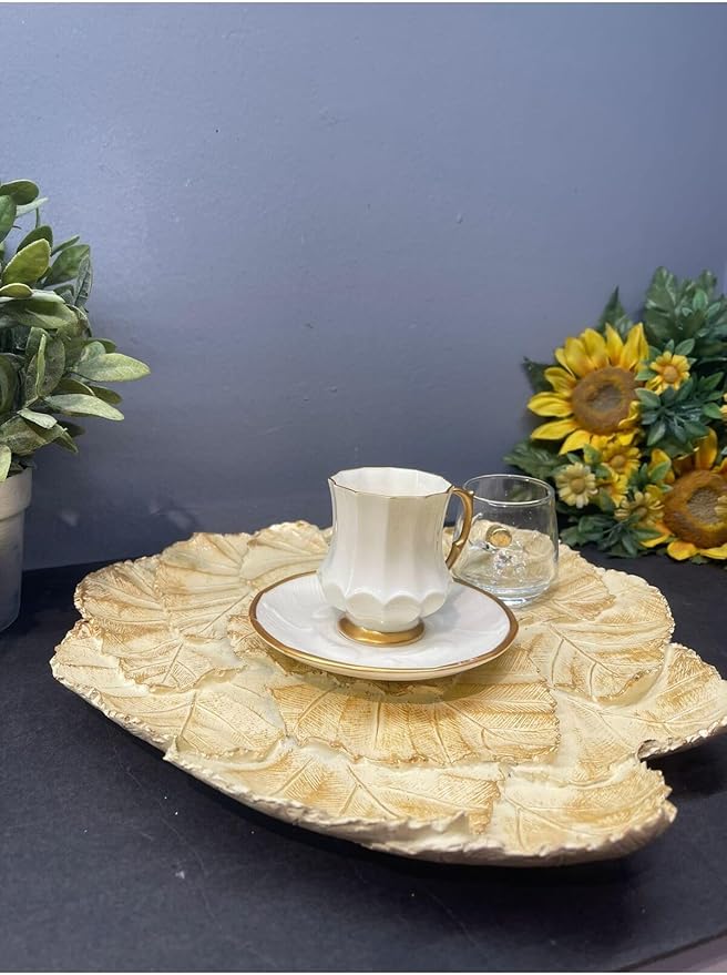Leaf Serving Tray Decorative Polyester Silver Black Antique Finish, Abstract Home Decor, Tabletop Ornament, One Size - Cream Gold Antique Finish, One Size