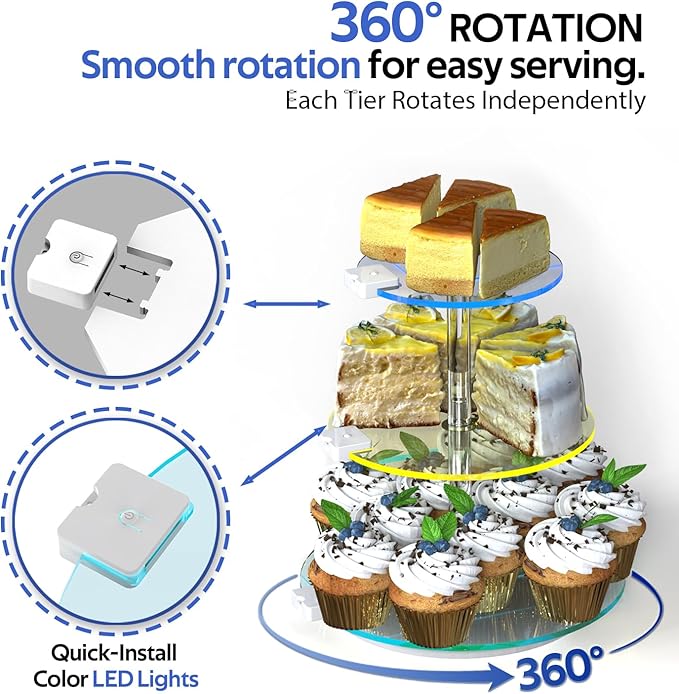 3-Tier Rotating Cupcake Stand with LED Lights - 360° Spinning Display Tower for Desserts, Cakes & Pastries - Rechargeable 7-Color Changing Serving Tray for Weddings, Parties & Festive Gatherings (Round Clear Acrylic)