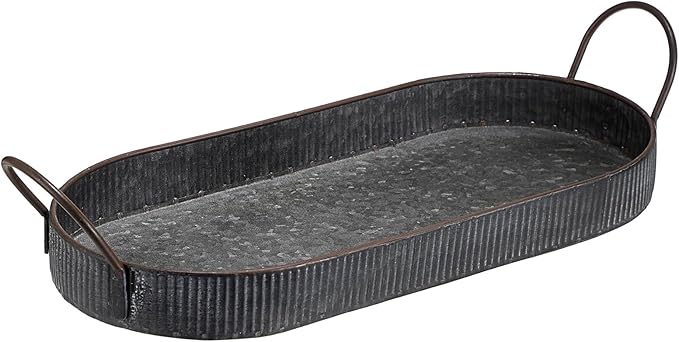 Hipiwe Oval Galvanized Metal Iron Tray with Handle, Industrial Style Storage Serving Tray Farmhouse Rustic Decorative Coffee Table Centerpiece for Home Decor