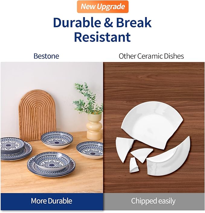 Bestone Porcelain Dinnerware Sets Service for 4, 12 pcs Hand drawn Plates and Bowls Sets, Handmade Ceramic Dish Set, Chip Resistant Modern Plate Set, Dishwasher/Microwave Safe,Vintage Blue