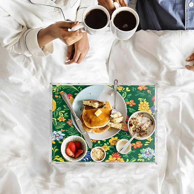 Serving Tray with Handles Clear Acrylic Tray 12x16 Inch Decorative Rectangular Tray Organizer for Ottoman Coffee Table Bathroom Green Rooster and Flower Spring