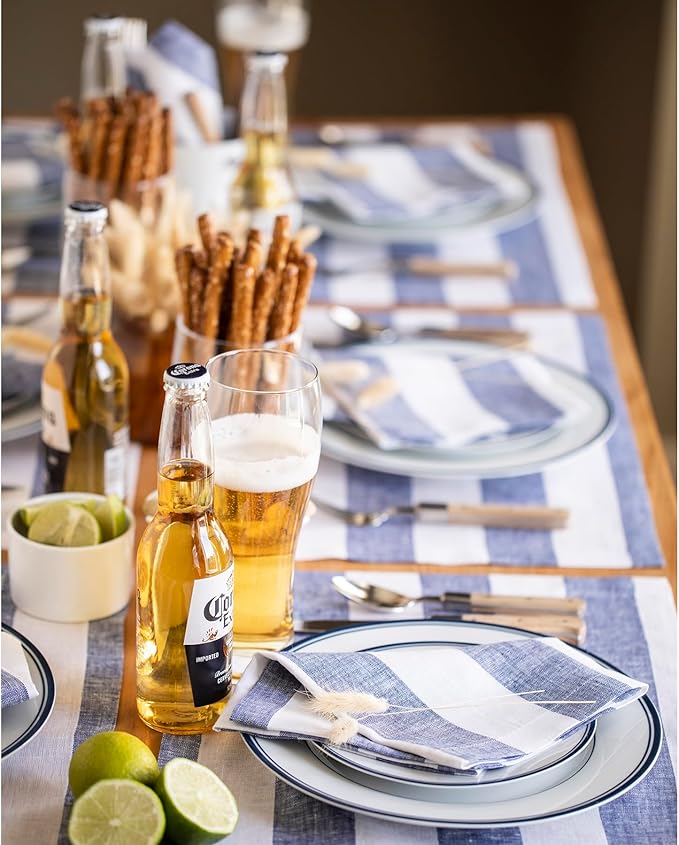 Solino Home Linen Cloth Placemats Set of 4 - Cabana Stripe 100% Pure Linen Navy and White Farmhouse Placemats 14 x 19 Inch for Christmas, Winter, New Year